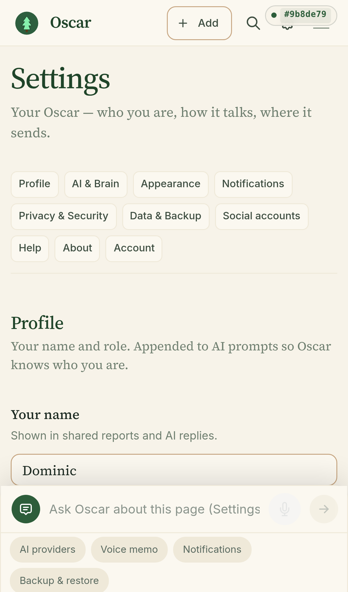 Settings page